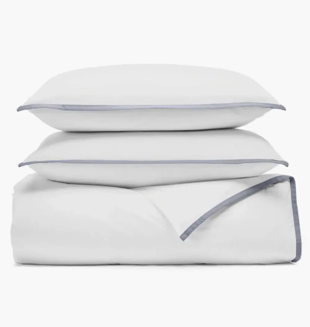 New Boll & Branch Luxury Framed Percale Queen Duvet Set White & Pewter Gray